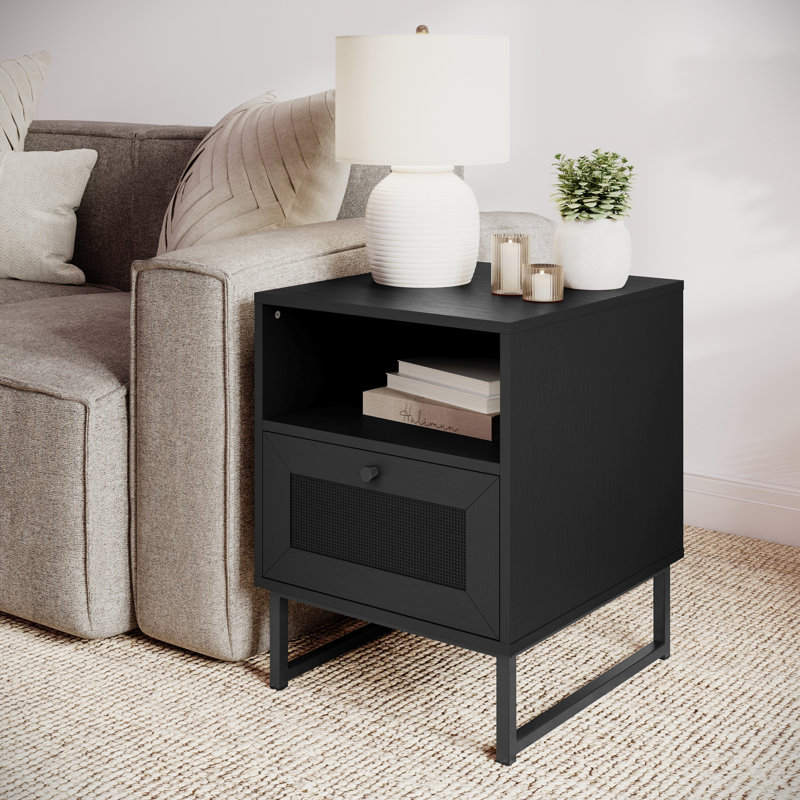 Mid-Century Modern Nightstands or End Tables with Rattan Accented Drawers, Black