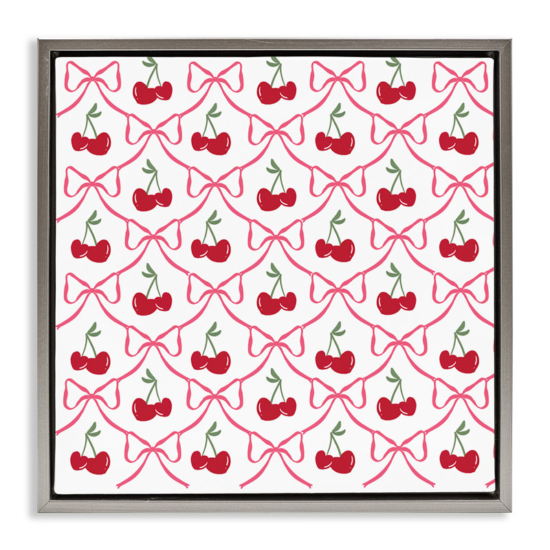 Joli cadre flottant à motif de cerises et d'arcs, design par Lucille Price, H 18 po x l 18 po, Cadre flottant gris lustré
