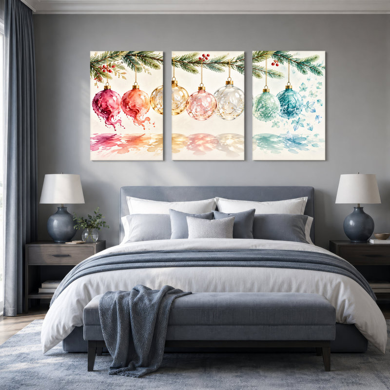"Aquarelle", ensemble de 3 toiles de Noël suspendues au pin, 72"W x 36"H Overall - 3 Panels