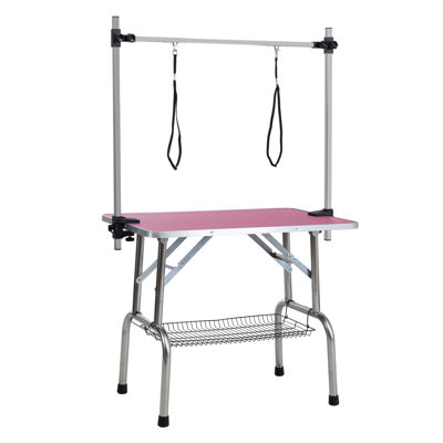 42" Folding Dog Pet Grooming Table Stainless Steel Frame Rubber Mat On Board With Adjustable Arm And Clamps Pet Dog Cat Grooming Table