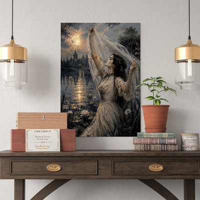 Canvas Wall Art Moonlit Lake Goddess Lace Veil Gothic Dress Art Vintage Poster Print Home Decor