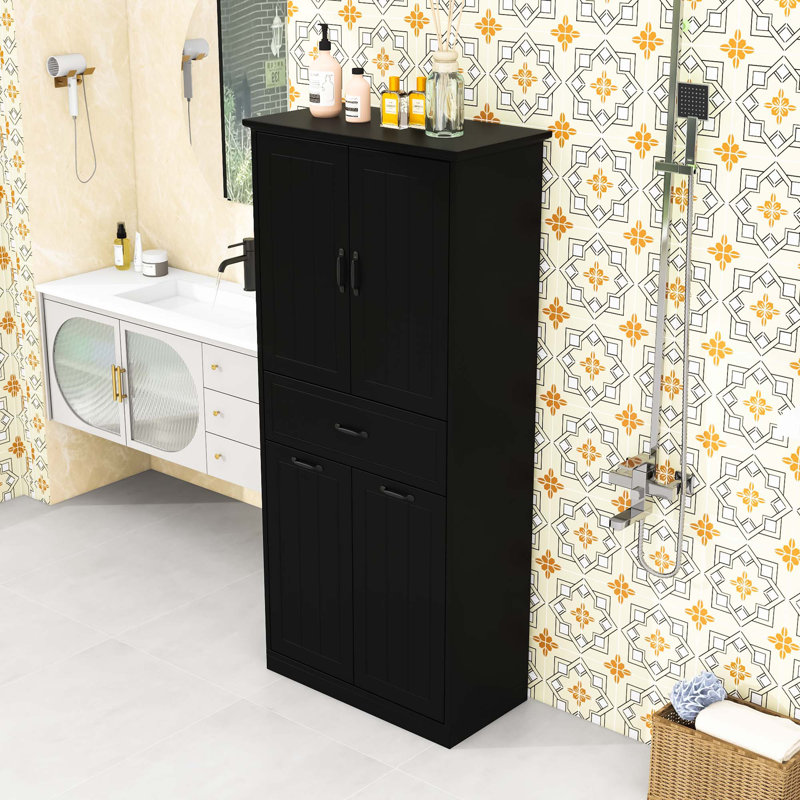 Armoire de rangement pour salle de bain avec deux paniers à linge et tiroir, Noir