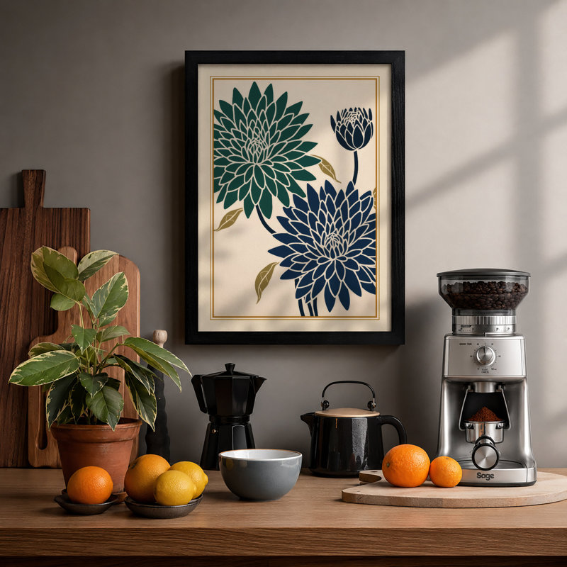 Chrysanthemum Study Japandi - Framed Print, A4 - 29.7 x 21.0 cm, Black