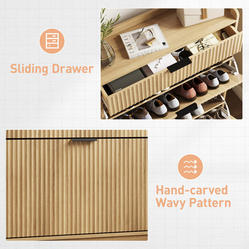 Fluted Shoe Storage Cabinet With 2 Flip Drawers & Large Drawer