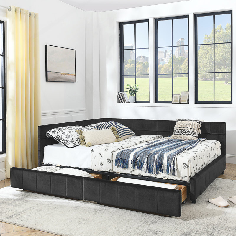 Queen Size Upholstered Tufted Bed Frame With Storage And Mid-Century Modern Design, Black, Queen