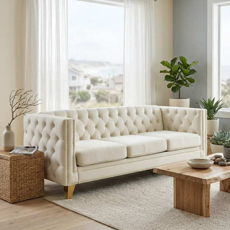 Amarillys 80.51'' Velvet Sofa, Beige Velvet