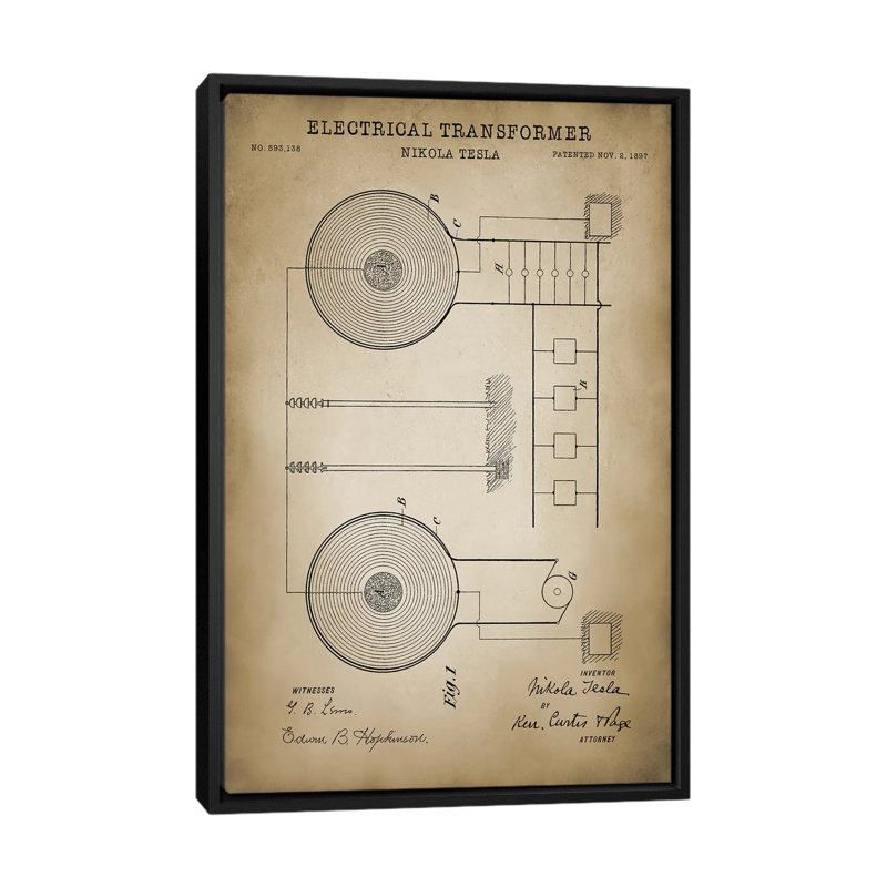 «Tesla Electric Transformer, Beige», impression sur toile, H 26 po x l 18 po x P 1,5 po, Toile avec cadre noir, Pas de tapis