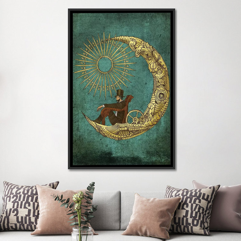 « moon travel », impression sur toile, H 26 po x l 18 po x P 1,5 po, Toile avec cadre noir, Pas de tapis