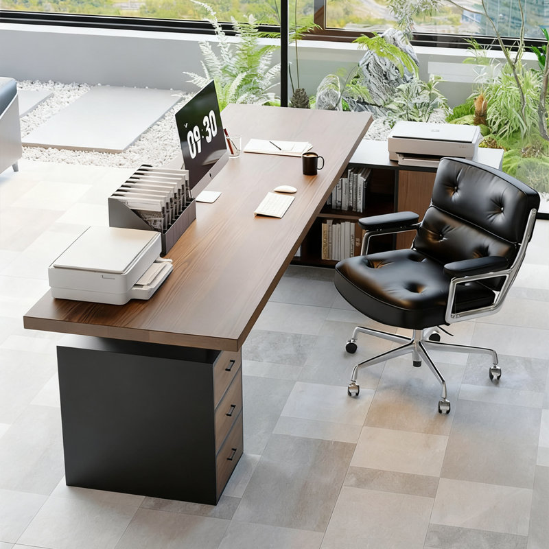 Bureau rectangulaire à 3 tiroirs en bois massif noir et brun noisette, H 29,53 po x l 94,49 po x P 62,99 po