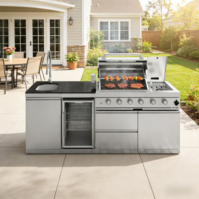 Barbecue de cuisine 85 pouces à 4 brûleurs et 72 000 BTU de 85 pouces en acier inoxydable pour barbecue avec îlot de cuisine + réfrigérateur à vin compact + ensemble de rôtisserie + comptoirs en granite + évier en acier inoxydable