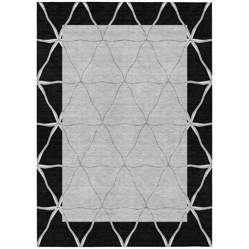 Machine Washable Indoor/Outdoor Chantille ACN2841 Border Rug, 5' x 7'6", Black
