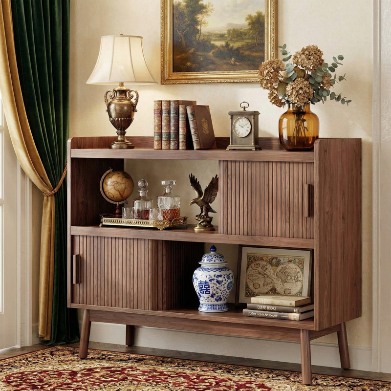 Buffet Mid-Century l 44 po avec prise de courant encastrée, armoire à café avec porte coulissante cannelée, noyer, Noyer