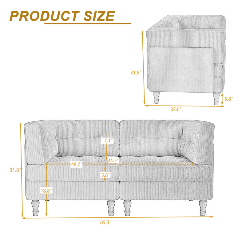 Upholstered Light Gray Tufted Corduroy Modular Sofa with Pillow Back, Light Gray