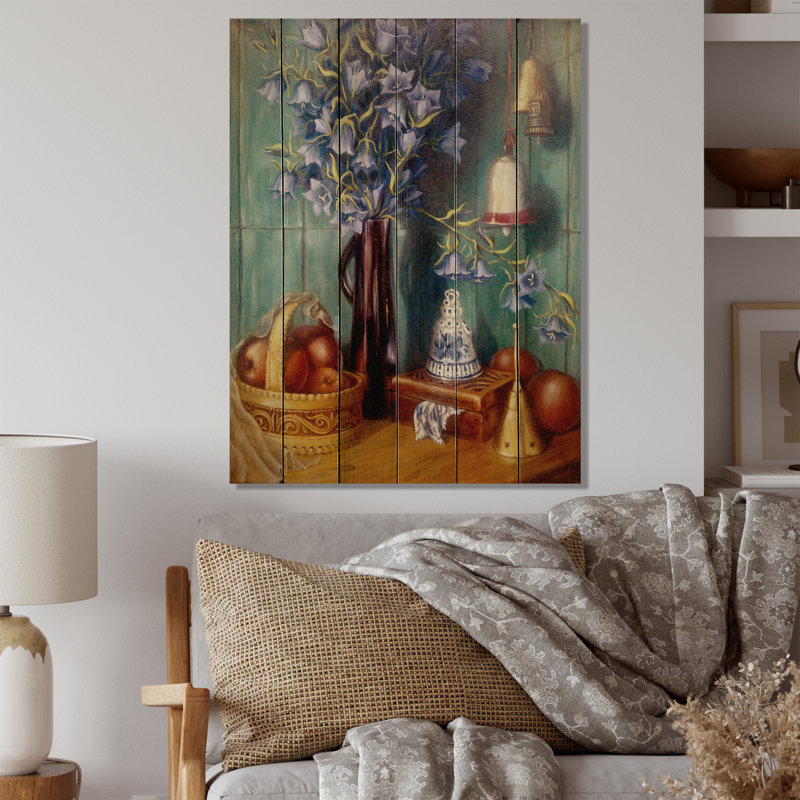 Nature morte, fruits et fleurs, impression sur bois sans cadre, H 32 po x l 16 po x P 1 po
