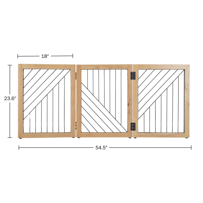 Natural Wood and Black Metal 3-Panel Freestanding Pet Gate