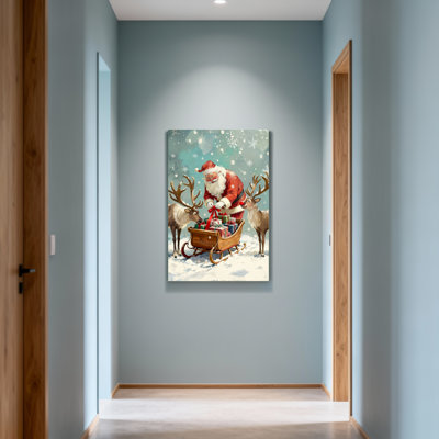 Père Noël avec renne et traîneau dans la neige