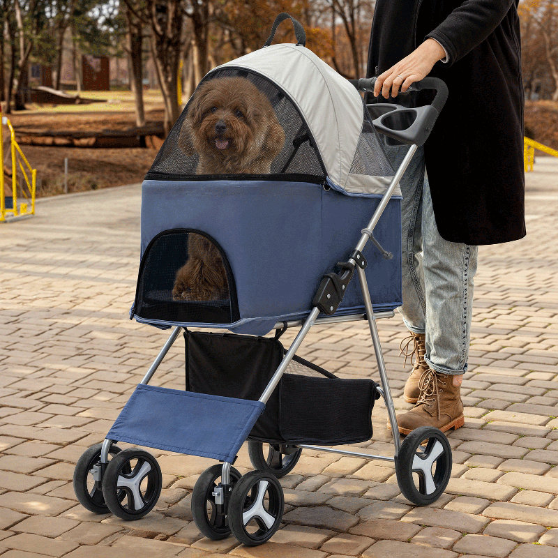 Folding Pet Stroller, Foldable Dog Jogger Stroller with Detachable Carrier, Basket and Cup Holder, Blue