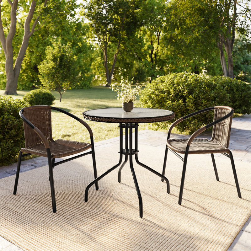 28'' Round Metal Table with Rattan Edging and 2 Rattan Stack Chairs, Dark Brown