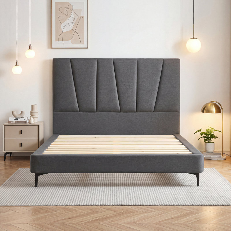 Charcoal Linen Platform Bed Frame - Solid Pine Support System, CertiPUR-US Foam, Queen Sizes, Queen