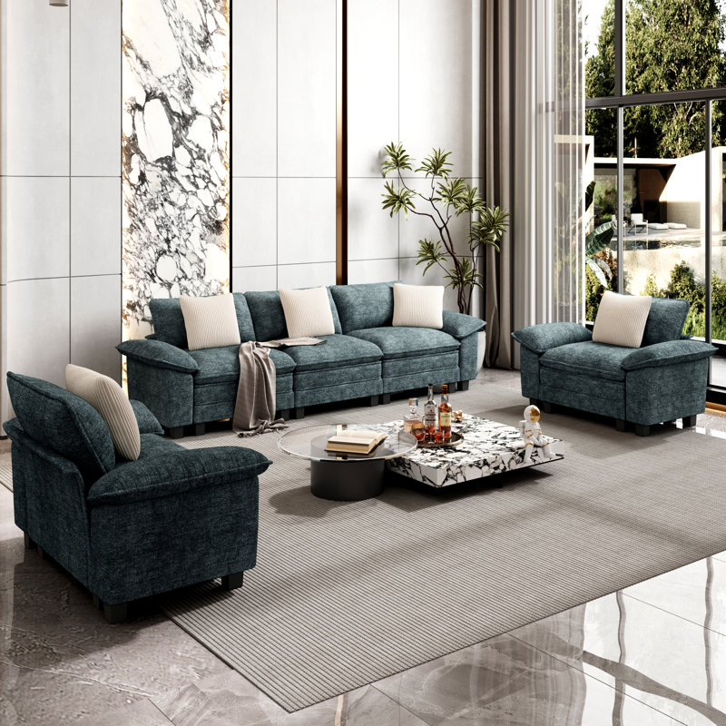 Ensemble de canapé modulaire rembourré 3 pièces, ensemble de canapé surdimensionné avec canapé et fauteuils, Chenille verte