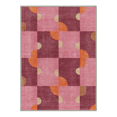 Machine Washable Non-Slip Rug Pink Burgundy Abstract Geometric Mid-Century Modern Indoor Area Rug 