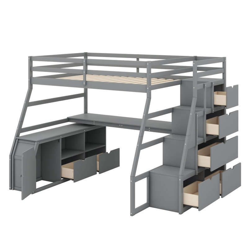 Lit mezzanine double avec 7 tiroirs, 2 tablettes à niveaux et bureau d'étude dédié, Gris