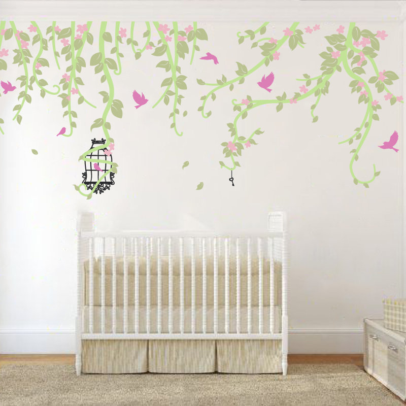 Décalcomanie murale vignes et cage, Vert et rose, 34" H x 80" lx 0.01" D