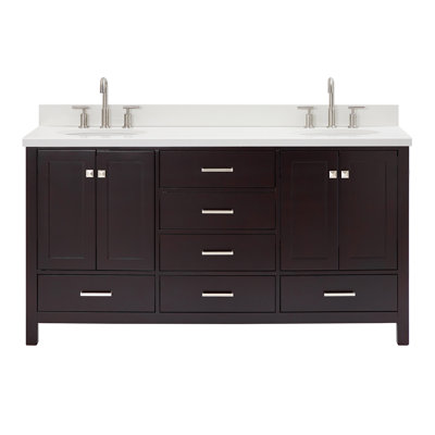 Cambridge 67'' Solid Wood Double Bathroom Vanity in Espresso, with 1.5'' Pure White Quartz Top, Center, Oval Sink
