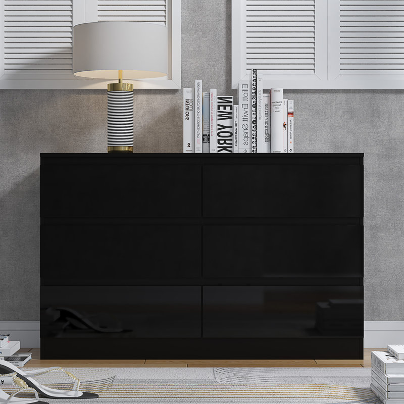 Warren 6 Drawer Wide 3+3 Chest Of Drawers 110cm W Double Dresser, Black Gloss