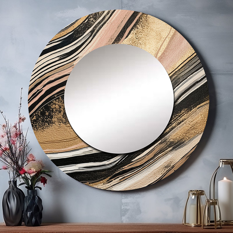 Quasheema Gold Embracing Essence Of Lines II - Marble Wall Mirror, Modern Round Decorative Mirror, Printed Metal Art