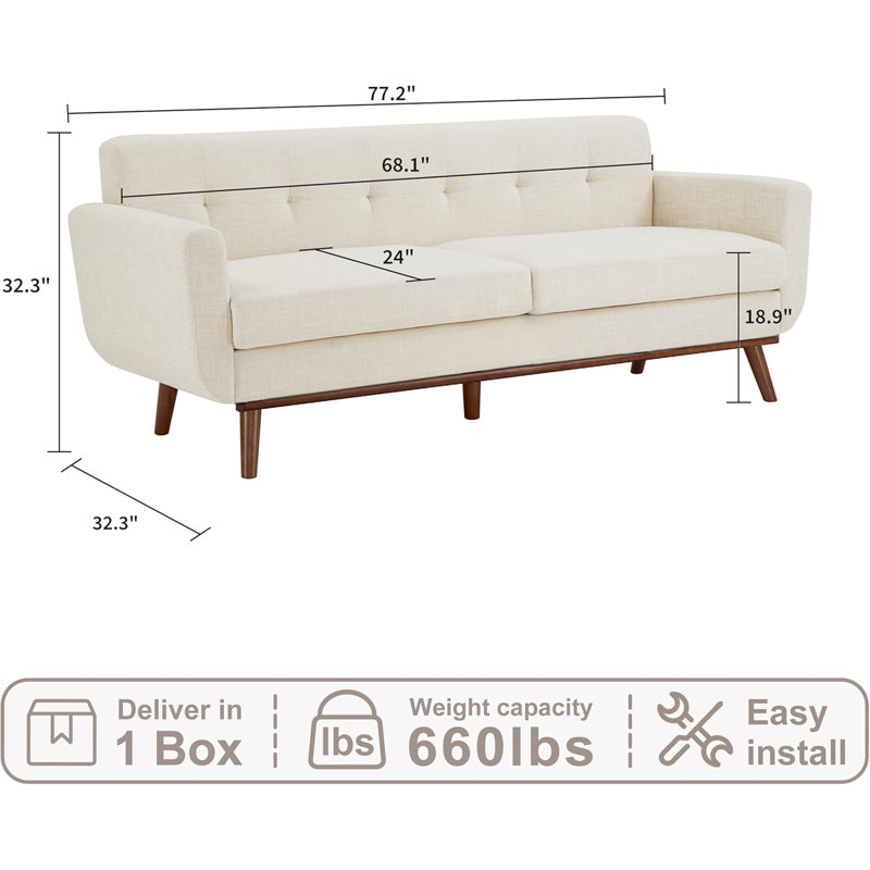77.2" Mid Century Modern Tufted Linen Upholstered 3-Seater Sofa, Beige