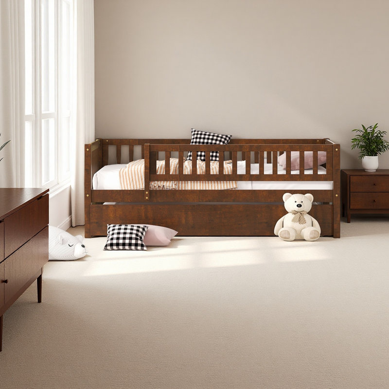 Twin Size Wood Daybed With Trundle And Fence Guardrails, Walnut