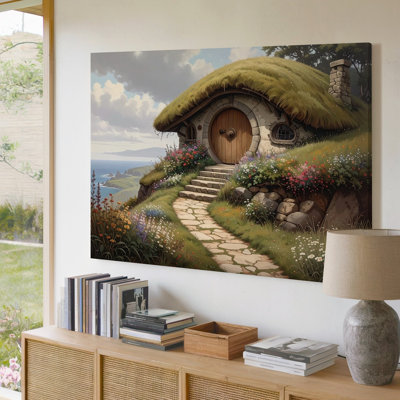 Art mural sur toile Hobbit Home Countryside Cottage in Grassy Hill