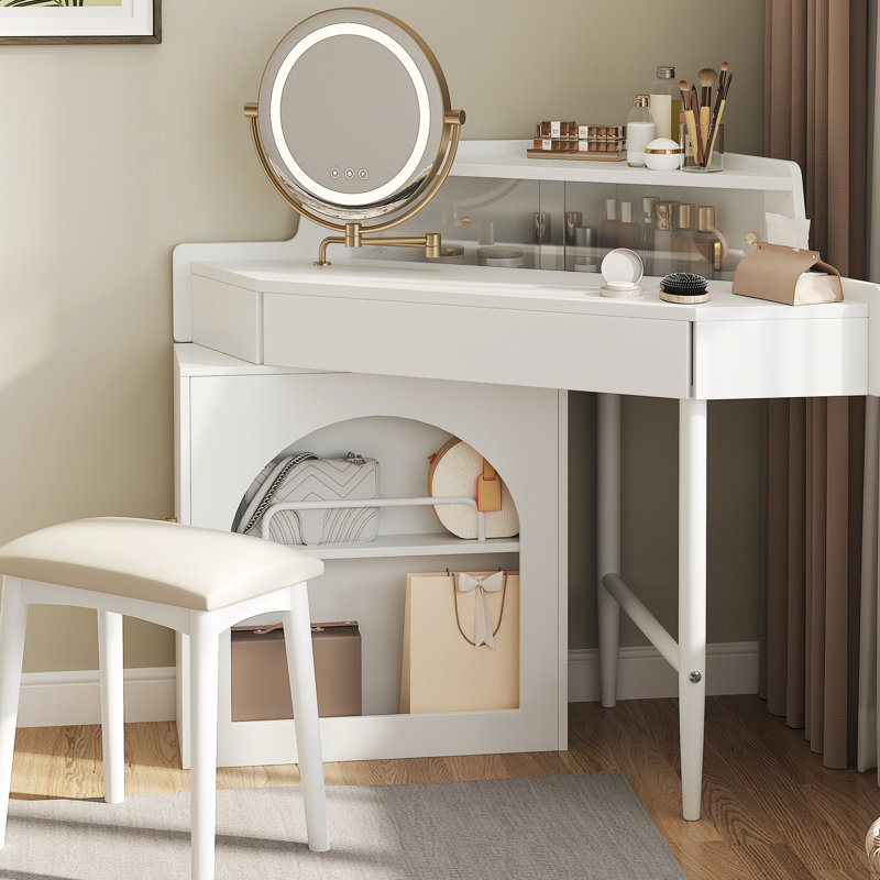 Space - Saving Vanity With 360 Rotatable Mirror, 3 Color Led Lights, And Spacious Storage For Beauty Products Modern White Makeup Desk Tri Folding Rotating Lighting, Comfortable Stool