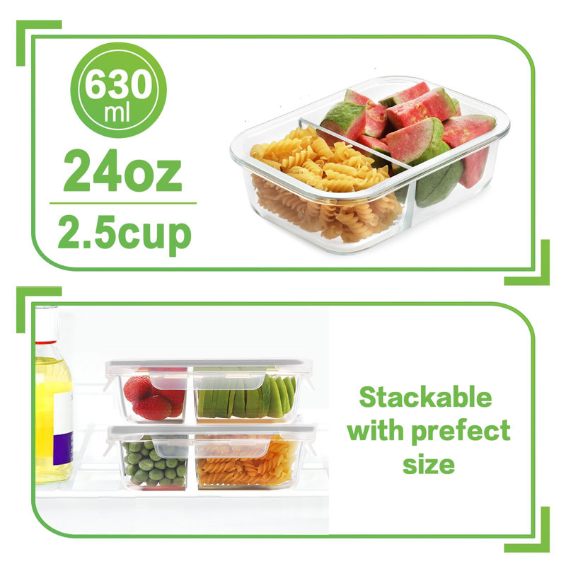 Paquet de 10 contenants de préparation de repas en verre à 2 compartiments, contenants de rangement pour aliments avec couvercles, 10 couvercles et 10 contenants