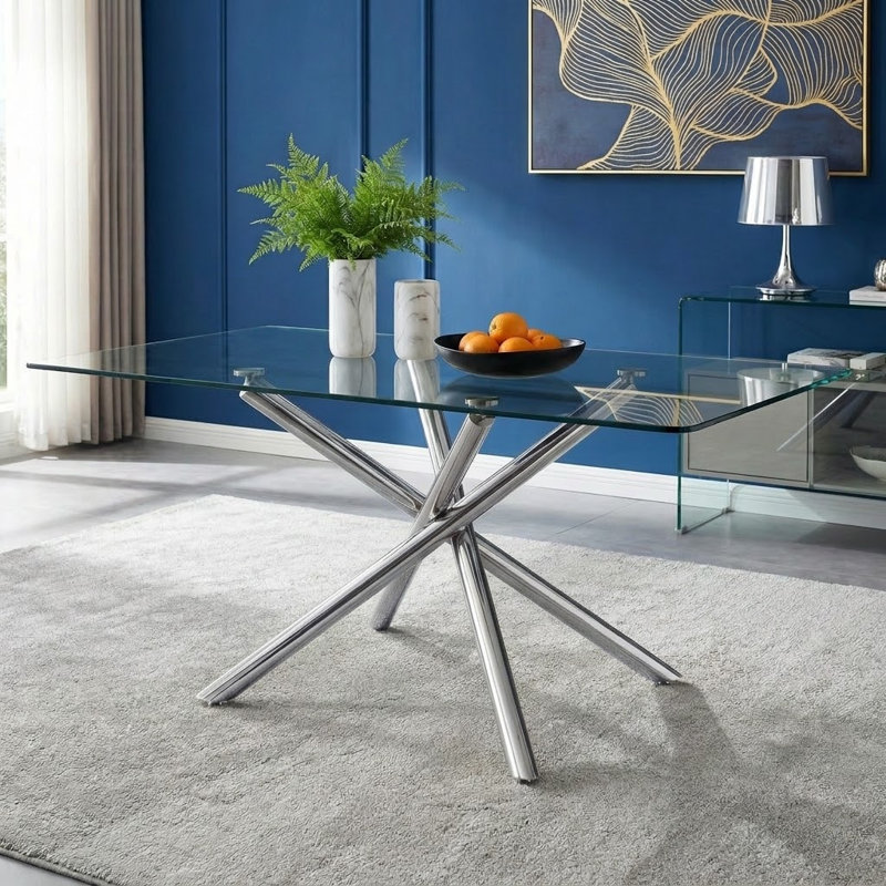63" Modern Minimalist Rectangular Tempered Glass Dining Table with Silver Cross Legs, Seats 4-6 People