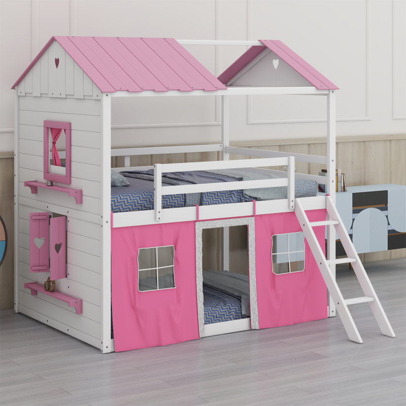 Lit superposé en bois avec élégantes fenêtres, rebords et tente, Rose/Blanc