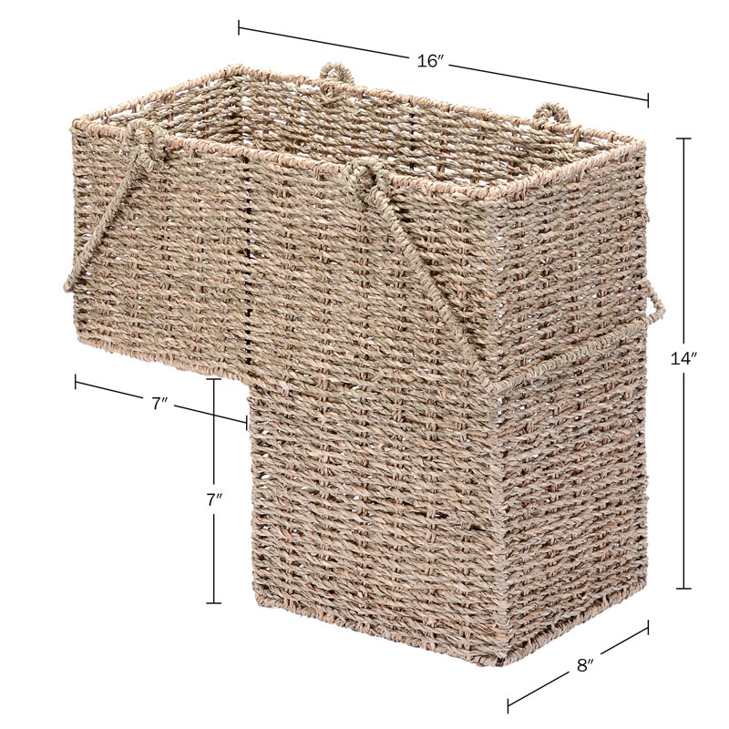 DTX Intl 14-Inch Wicker Staircase Basket with Handles - Handmade L-Shaped Woven Seagrass Stair-Style Storage Organizer - Durable Container
