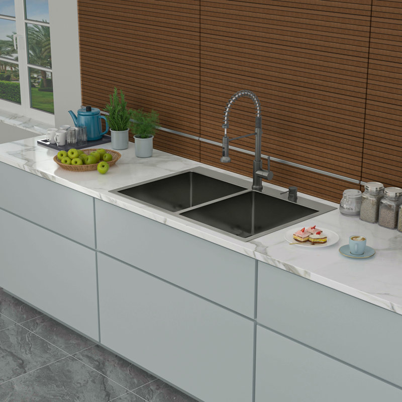 Double Bowl Drop In Sink- 33"X22" Gunmetal Black  Double Bowl Kitchen Sink 16 Gauge With Two 10" Deep Basin