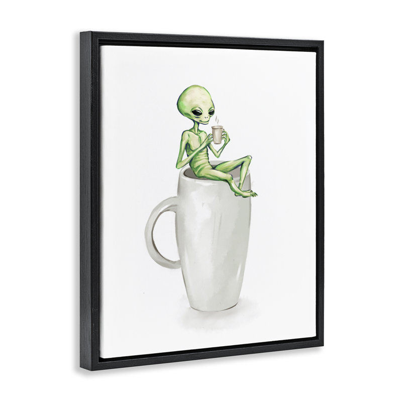 Art mural sur toile Alien & Coffee par Ziwei Li, Cadre flottant noir de jais, H 21 po x l 17 po
