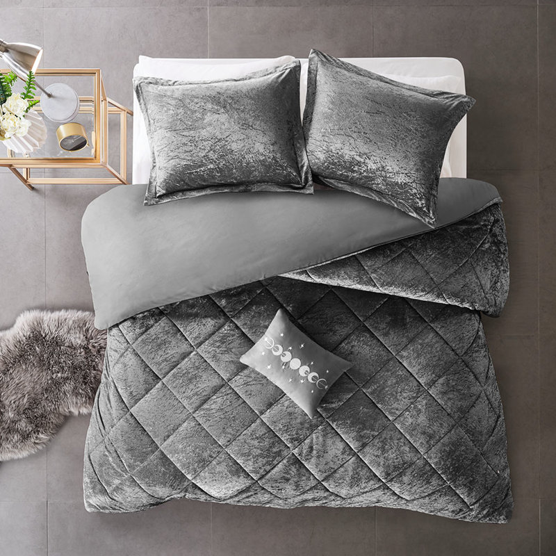 Housse de couette en velours gris pour lit double / grand lit, avec matelassage en losanges et attaches de coin intérieures, lavable à la machine, housse, 2 taies décoratives, 1 coussin décoratif en gris, fermeture à boutons, décoration