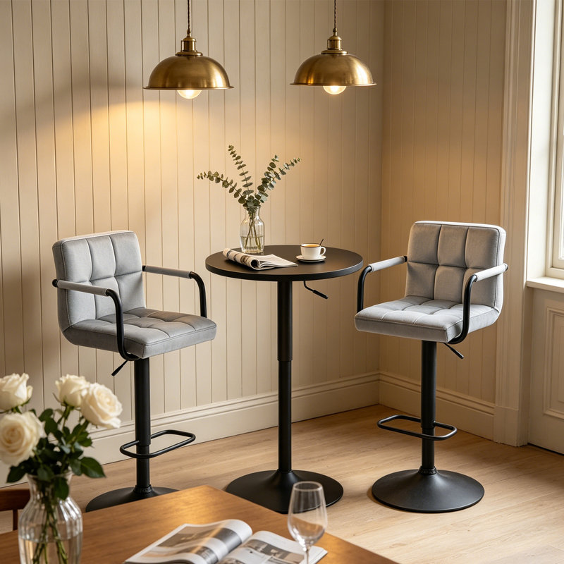 3 Piece Height-adjustable Pub Table And  Bar Stool Dining Set, Gray