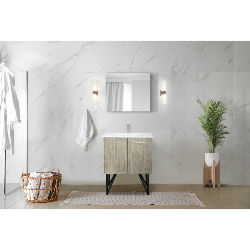 Meuble-lavabo rustique 30 po X P 20 po, comptoir en quartz blanc teinté, robinet inclus et surface de bain à miroir mural 28 pleine longueur, taille en nickel brossé