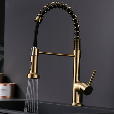 Robinet de cuisine contemporain doré avec segment rétractable, levier à poignée simple, rotation sur 360 °, bec arqué haut, robinet en céramique, unité commerciale en laiton