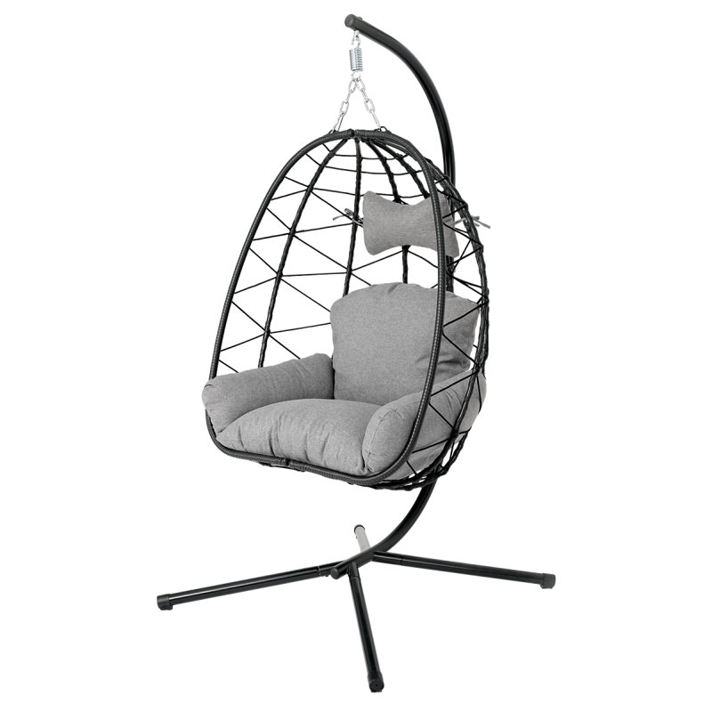 Fauteuil suspendu suspendu en osier avec support et coussin lavable pour patio, Grey, Black