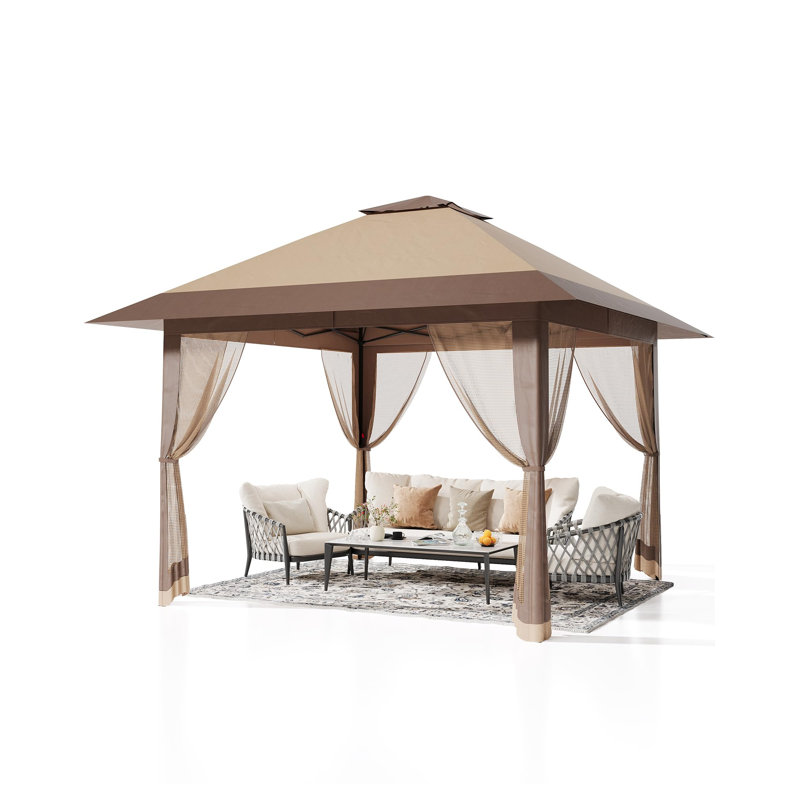 Heavy Duty 13x13 FT Pop-Up Gazebo Canopy, One-Button Double Roof Portable Patio Shelter with Mosquito Netting, 210D Flame-Retardant UV-Resistant Waterproof Steel Frame for Backyard Garden