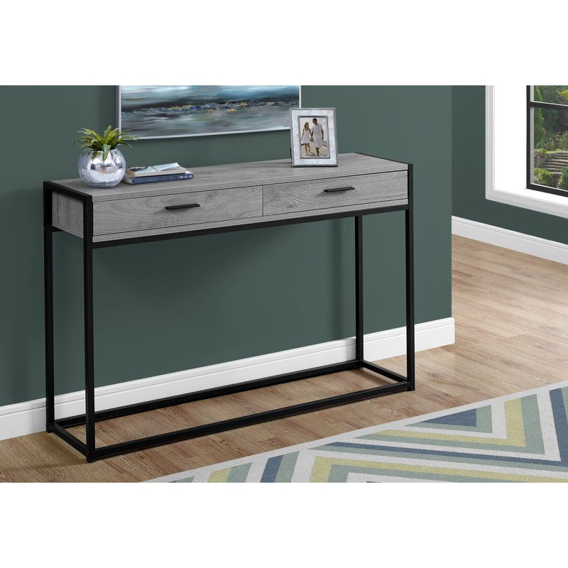 Table d'appoint contemporaine avec rangement, stratifié gris et métal noir, pour les pieds en métal du hall d'entrée du salon, tiroir de rangement