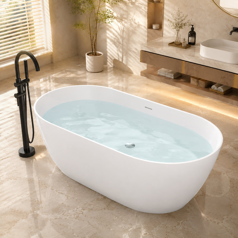 Baignoire autoportante 47 po en acrylique brillant blanc ultra-compact avec trop-plein à fente moderne pour les petites salles de bain et les appartements urbains