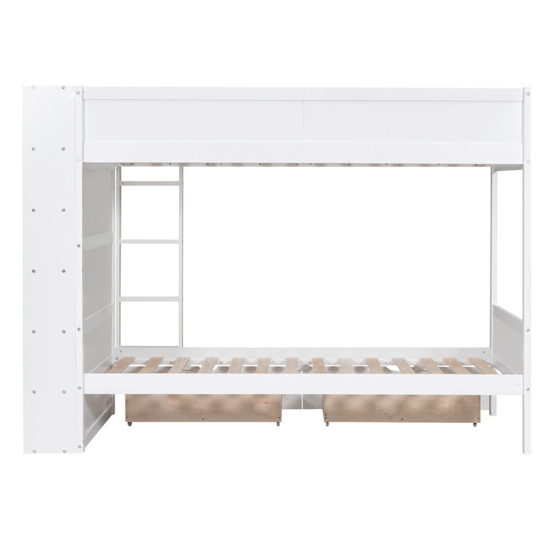 Twin over Twin Bunk Bed with Drawers & Multi-Layer Storage Cabinet – Space-Saving Solid Wood, White, Twin Over Twin, White