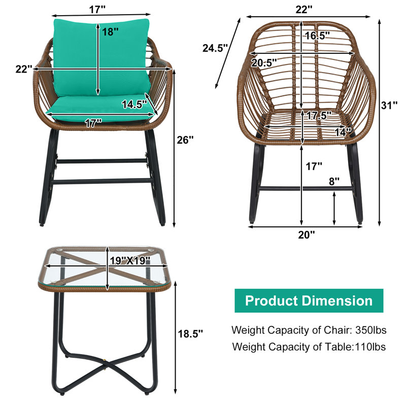 Edwardo 2 - Person Wicker Patio Dining Set with Square Table , Cushions Included, White